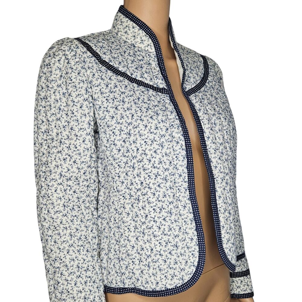 1970s Blue White Jessicas Gunnies Micro Flowers Quilted Collarless Blazer Size S